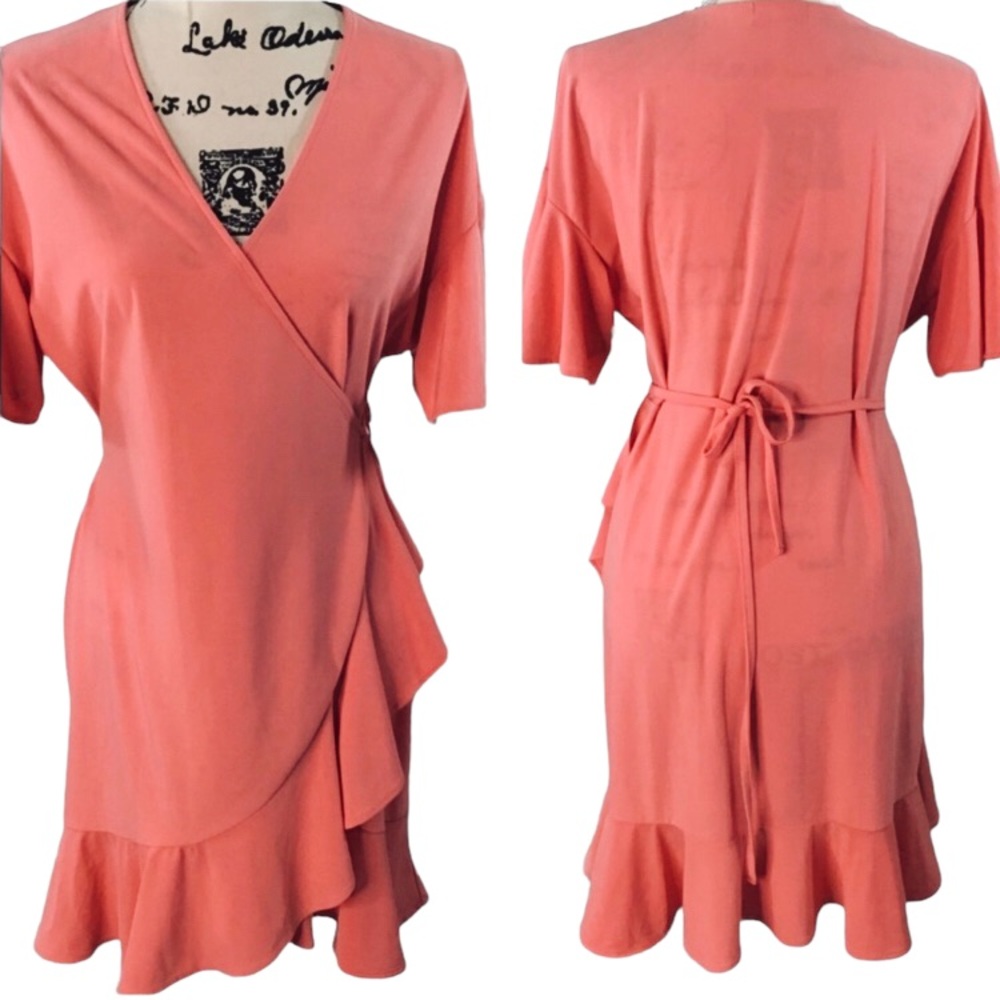 Leith  | Flounce Sleeve Wrap Dress in Papaya | S | NWT